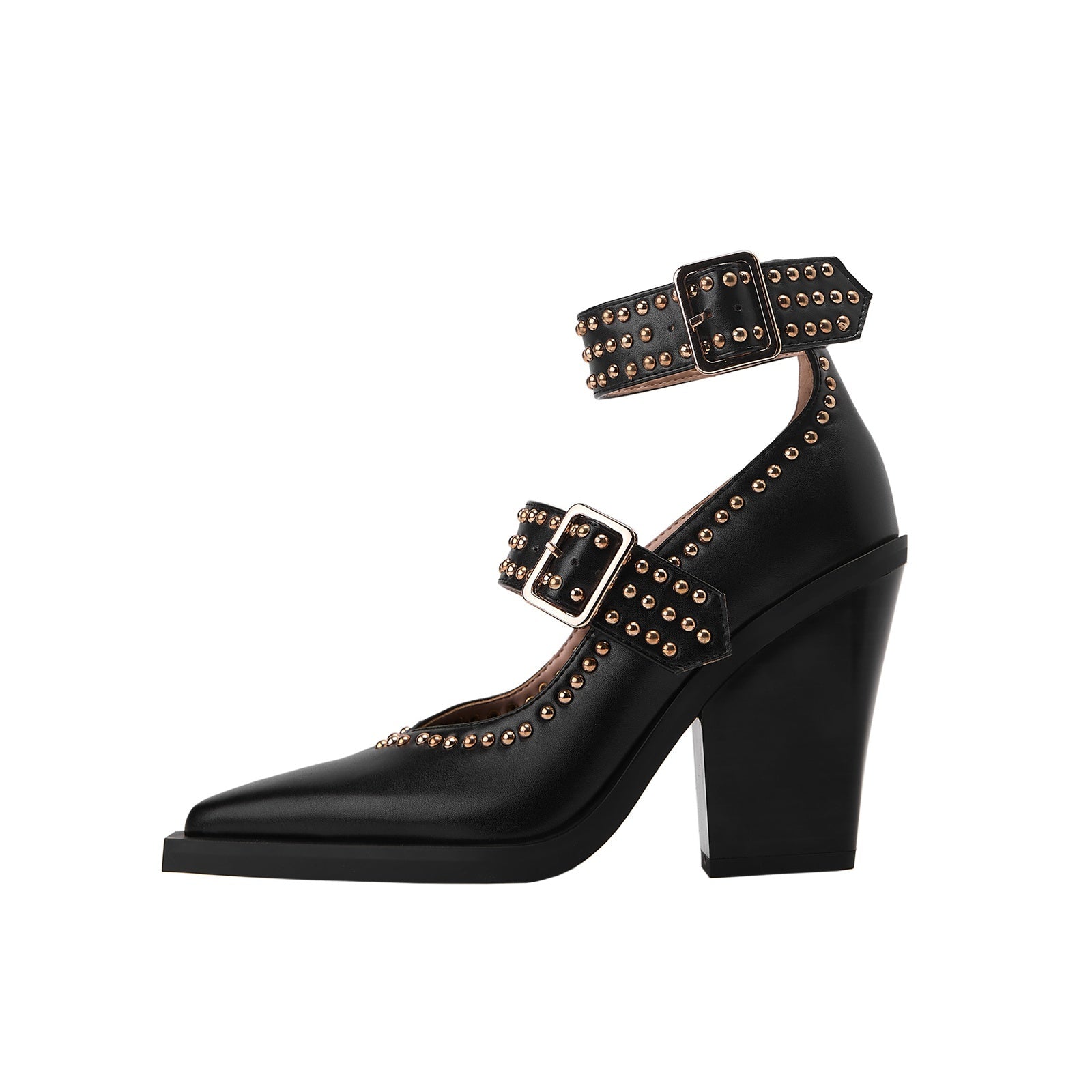 Metallic Rivets Black Double Buckle Mary Jane Pumps