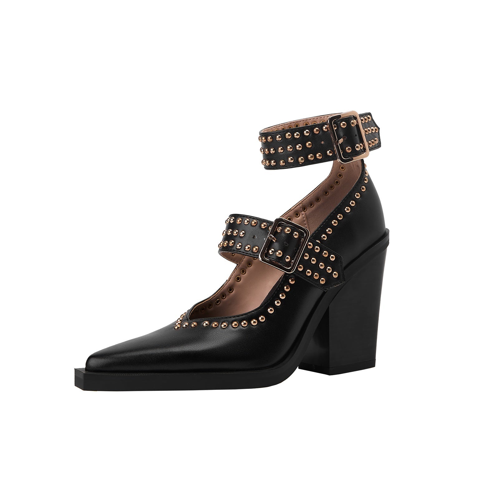 Metallic Rivets Black Double Buckle Mary Jane Pumps