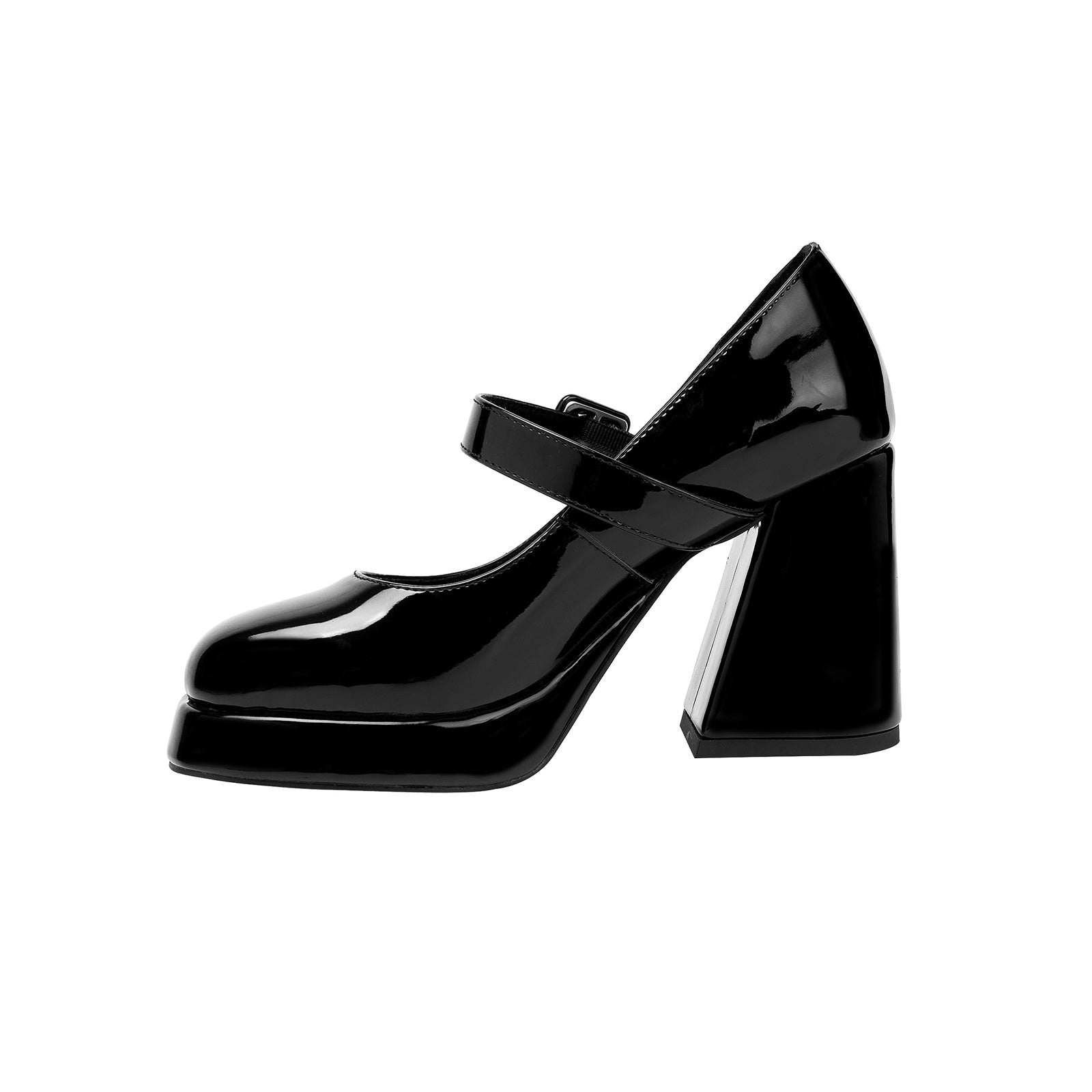 Puffy Round Toe Black Ankle Strap Platform Pumps
