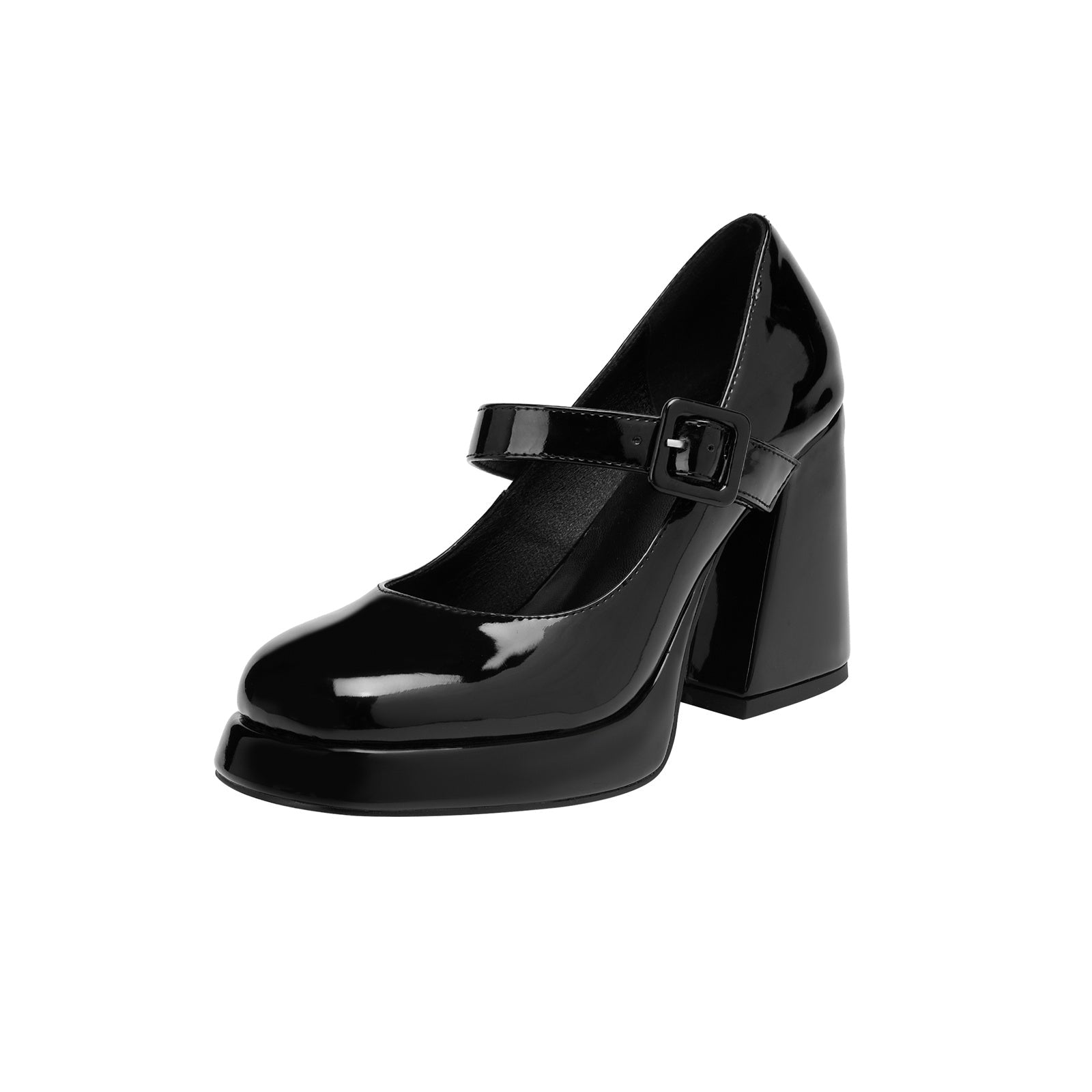 Puffy Round Toe Black Ankle Strap Platform Pumps