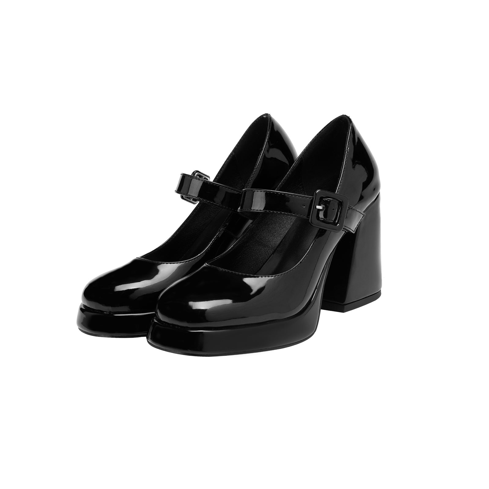 Puffy Round Toe Black Ankle Strap Platform Pumps