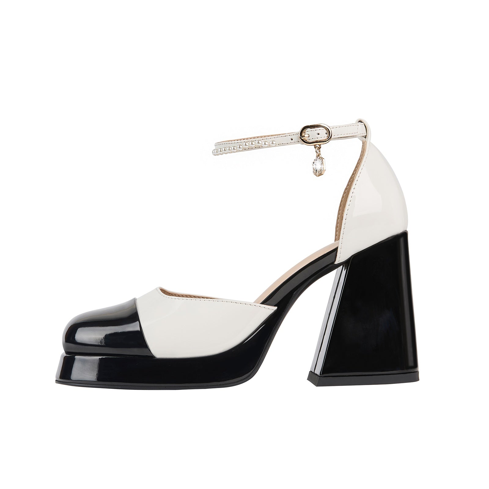 Black and White Round Toe Ankle Strap Pumps
