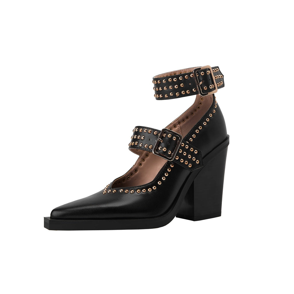 Metallic Rivets Black Double Buckle Mary Jane Pumps