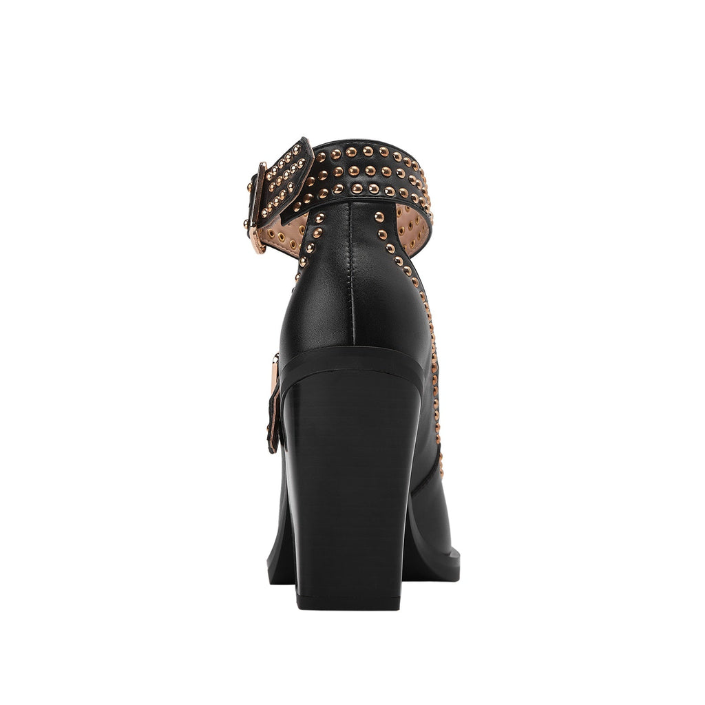 Metallic Rivets Black Double Buckle Mary Jane Pumps